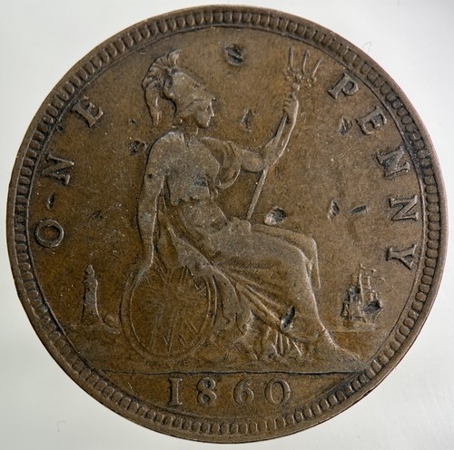 1860 victoria one penny coin - one, |