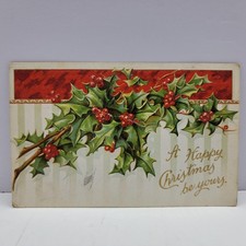 German Embossed Holly & Red Panel A Happy Christmas Series 1043 1909 Postcard