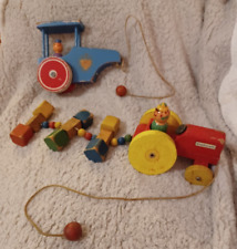 2 Vintage Wooden pull along Toys Mudpuddle road roller Kiddicraft tractor 2 men