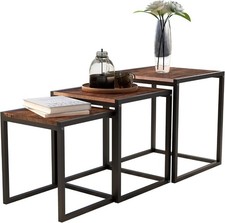 Set of 3 Nesting Tables Metal Frame Wood Effect Industrial Loft Coffee Tables 