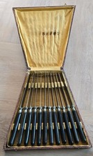 Rare Antique French Black  Ebony / Bone Handle Butter Knives  X 12 box Set.