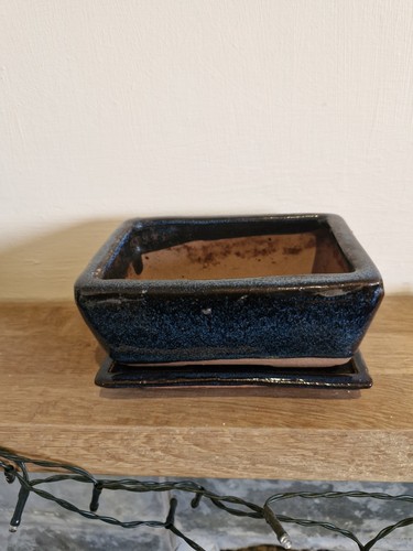 Blue glaze bonsai pot - blue, tray