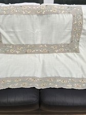 Vintage Linen Blend Tablecloth With Hand Embroidered Linen Borders With Tassels