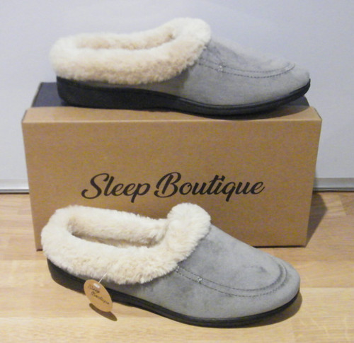Grey fluffy trim mule bucket - trim,