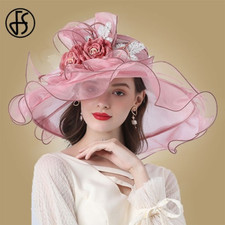 Flower Hat  Fascinator Women Wide Brim Wedding Church Organza Sun Hat  Large 