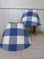 Vintage Pair Of Gingham Blue White Cotton Lampshades Cottage Farmhouse Large