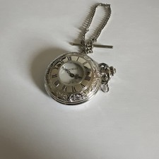 Jean Pierre Chrome Plated Engraved Half Hunter 17 Jewel Pocket Watch  AND Chain