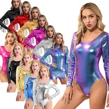 UK Womens Shiny Wet Look Metallic Bodysuit Gymnastic Ballet Leotard Dancewear