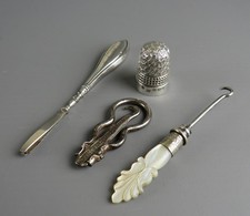 Victorian Silver Thimble Charles Horner 1897 + Mandoline & MOP Button Hooks etc