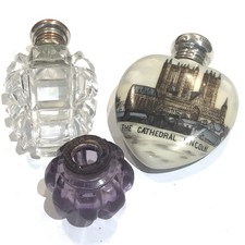 Three antique perfume/scent bottles, porcelain, glass etc.
