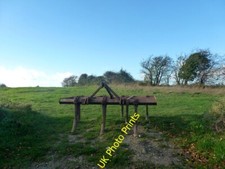 Photo 6x4 Blocked field entrance Barley/TL4038 Old harrows as makeshift  c2015