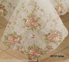 Spring Embroidered Pink Rose Floral Sheer Tablecloth with Napkins BEIGE #3737E