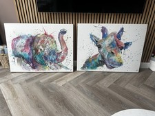 2 X large canvas wall art by Jamie T. giraffe and elephant 