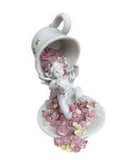 Cherub Angel with Flower Cup Figurine Resin Decor Whimsical Teacup Statue
