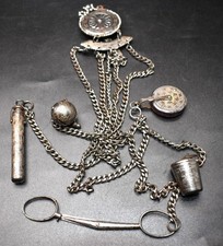 LATE GEORGIAN VICTORIAN ENGLISH CUT STEEL SEWING CHATELAINE 5 TOOLS BELT CLIP