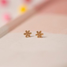 14k Solid Yellow Gold Floral Kids Earrings, hypoallergic, butterfly back closure