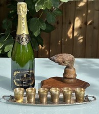 ANTIQUE FRENCH HUNTING SHOT CUP SET OF SIX STIRRUP CUPS & TRAY - 1900s