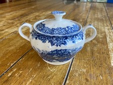 Vintage Salem China English Village Blue & White Sugar Bowl with Lid & Handles