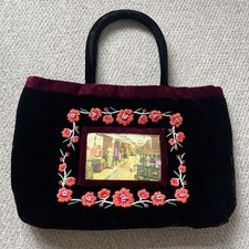Shanghai Tang Handbag Black Velvety With Flower Detail and photograph pocket