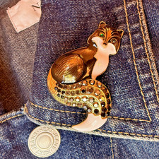 Fox Brooch  Enamel Crystal