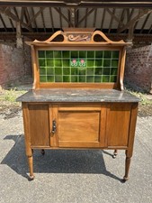 Antique Edwardian Art Nouveau Marble Top Tiled Back Washstand / Vanity Unit