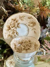 Paragon Teacup & Saucer Blush Peach with Brown Cabbage Roses Double Warrant