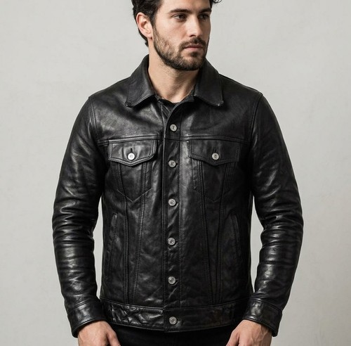 Men leather jacket black - leather,