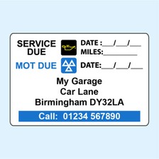 100 MOT & Service Reminder Sticker With Your Name and Address Garage Stickers