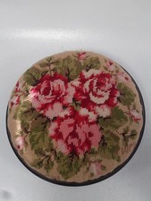 Vintage Circular Wooden Floral Embroidered Tapestry Footstool Footrest 3 Legs