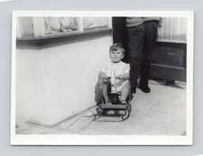 Old B&W Photo Small Child outside on Tin Metal Rocking Horse