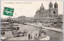 Vintage Postcard Cathedral Canal Boats Marseille France