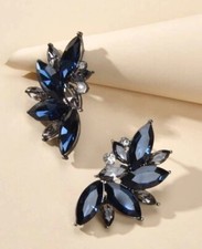 Womens Large Elegant Navy Blue Gemstone Silver Metal Decor Stud Earrings Party
