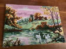 completed Margot vintage tapestry needlepoint village pond swans 20 x 14 inch