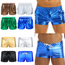 Mens Wet Look Patent Leather Shorts Mid Waist Pockets Hot Pants Short Swimsuit 