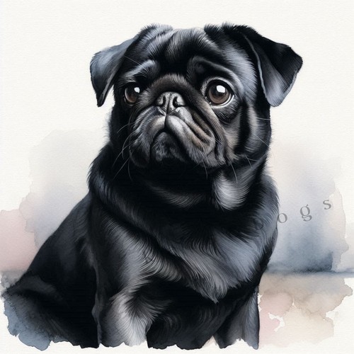 Black pug watercolour - black,