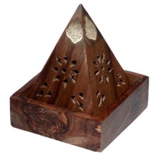 SHEESHAM WOOD PYRAMID CHINESE BUDDHA INLAY INCENSE BURNER BOX