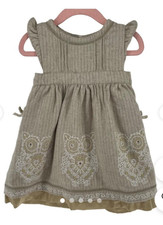 MONSOON Beige Tweed Wool Blend BABY DRESS with EMBROIDERED OWLS 3-6 mths