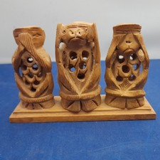 Three Wise Monkeys Vintage Carved Wooden Figurine Ornament Intricate Detail