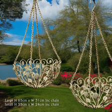 Vintage-Style Set of Cream Hanging Baskets – Shabby Chic Metal Ornate Planters