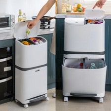 Kitchen Rubbish Waste Bin Recycling Dual Multi Compartment Pedal Dustbins+Wheels
