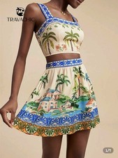 Pretty 2pcs/ Co Ord Set Tropical Print Tank Top & Mini Skirt Set, Boho,Summer