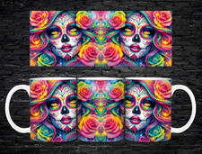 Colourful Sugar Skull Mug 11oz Day of the Dead Neon Floral Art Coffee Cup