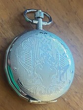 POCKET HUNTER WATCH QUARZ MOVEMENT SILVER TONE METAL DIFFERENT DESIGNS BOTH SIDE