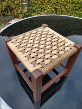 Vintage Interwoven Wicker Wood Stool Wooden Footstool Prop 60s 70s