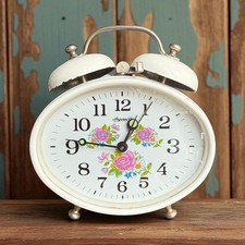 Vintage 70s Ingersoll White Floral Traditional Alarm Clock Cottagecore Bedroom
