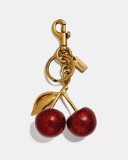 New Coach Cherry Bag Charm KeyChain Glitter resin and metal Brass/Red Apple
