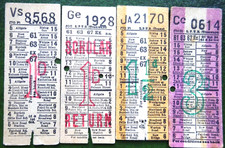4 x LPTB Tramways Tickets  Route 61-63-67 ALDGATE STATION to RISING SUN c1930's