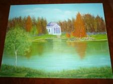 OIL / ACRYLIC ? ORIGINAL PAINTING   GARDEN FOLLY BY A LAKE