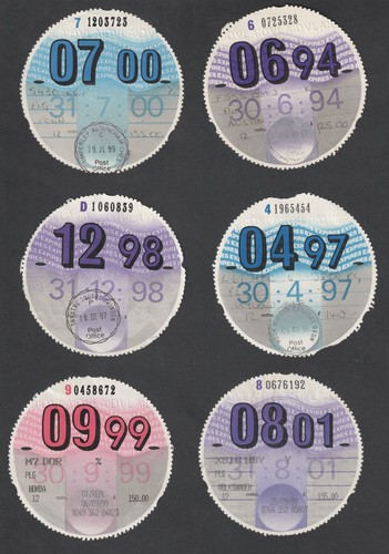 Six used tax discs disc - six,