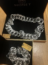 Vintage Monet Jewellery Set Necklace and Bracelet Silver Metal Boxed